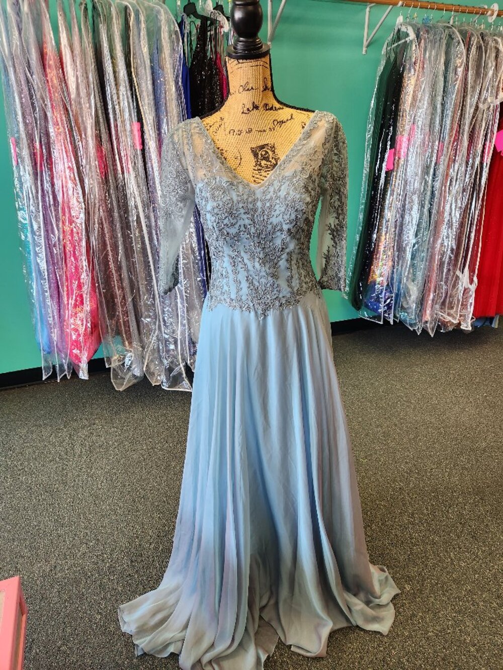 MayQueen 1860 Size M Sage Blue Lace Crystal Organza Mothers Dress